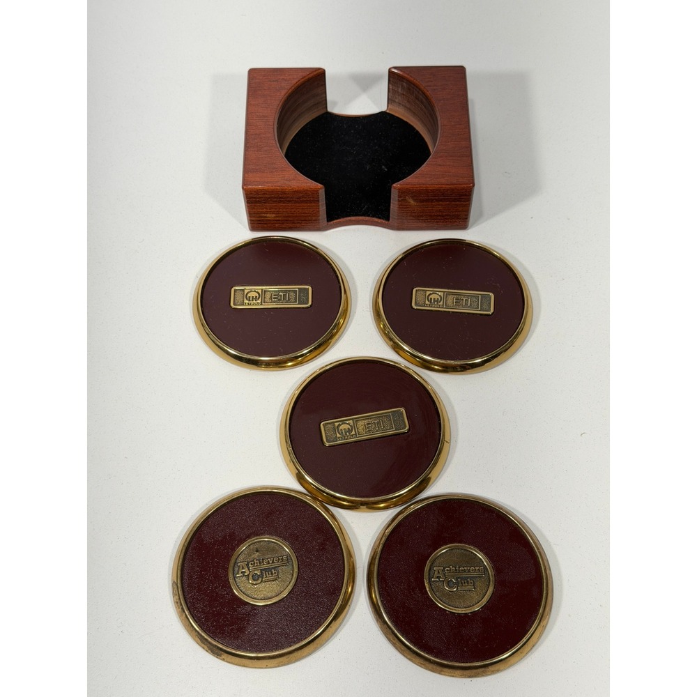 Vintage Leybold ETI Achievers Club Coaster Set with Wood Holder Burgundy Gold